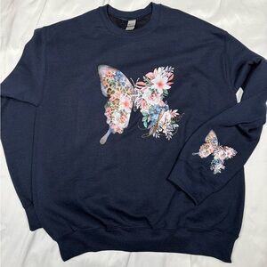 Gildan Navy Sweatshirt with Floral Butterfly Print